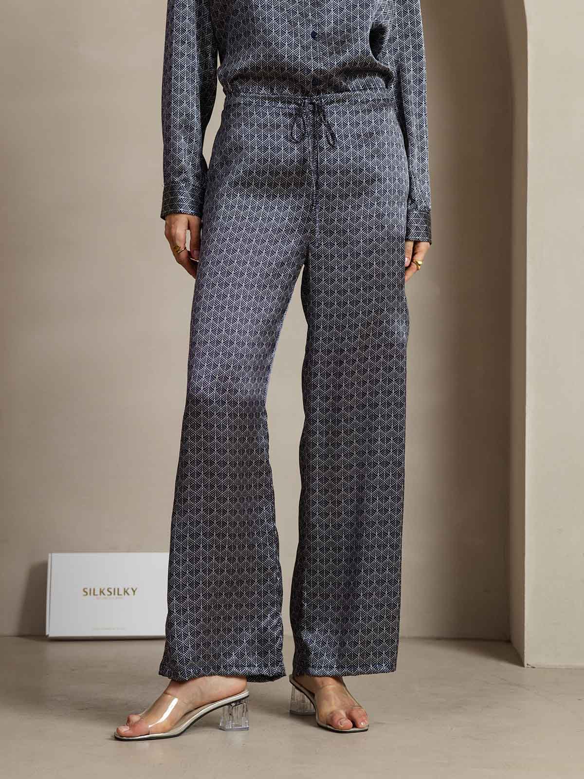 19Momme Silk Navy Ginkgo Print Wide Leg Women's Pants With Side Pockets Design