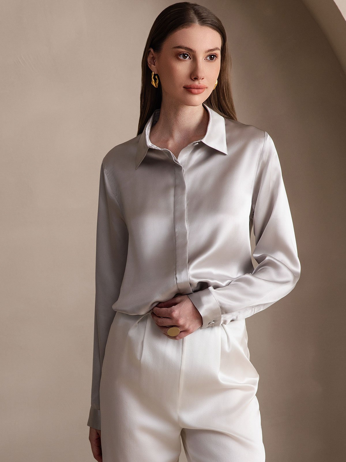 19Momme Silk Long Sleeve Lapel Collar Women's Shirt
