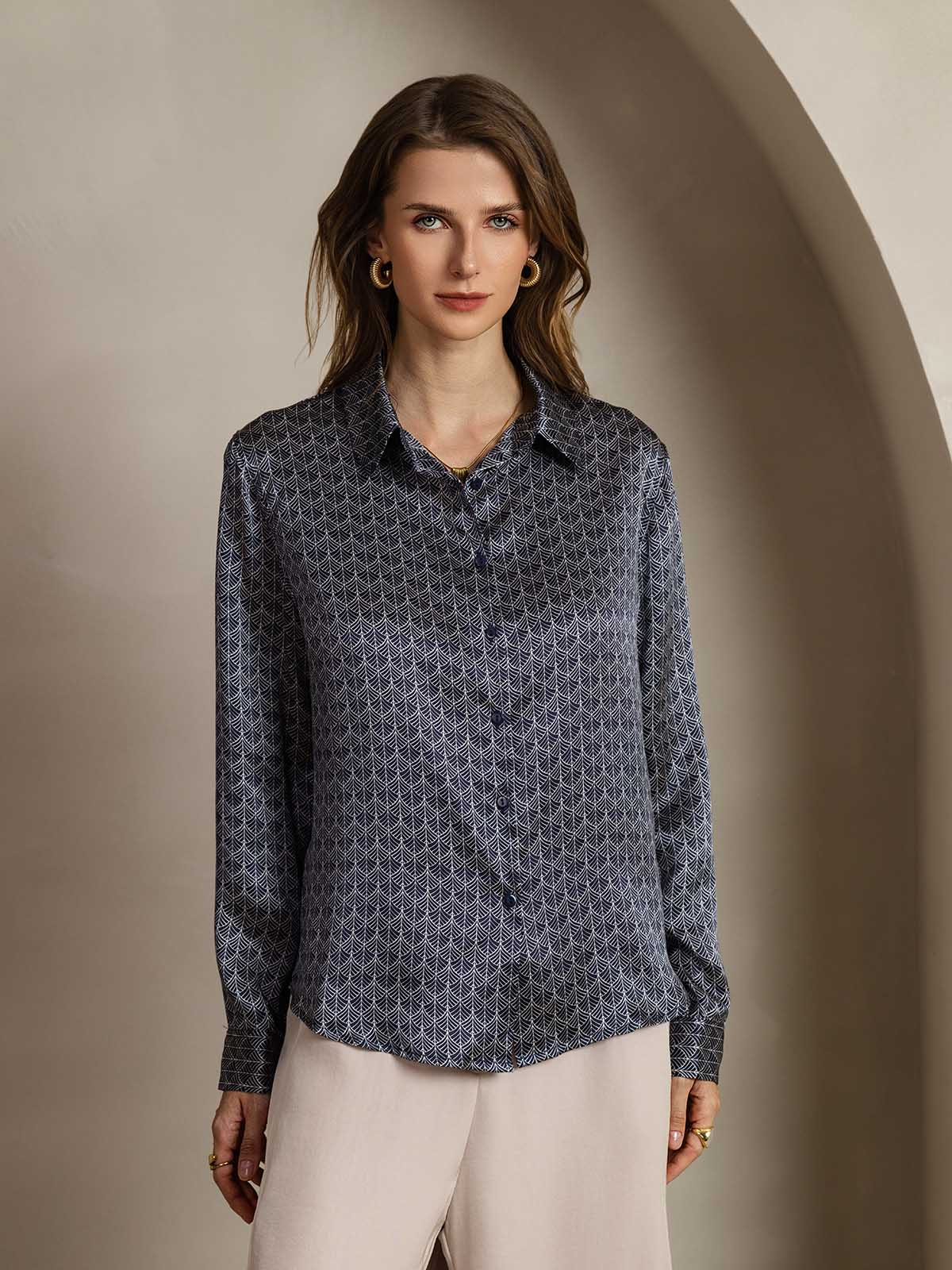 19Momme Silk Navy Ginkgo Print Long Sleeve Lapel Collar Women's Shirt