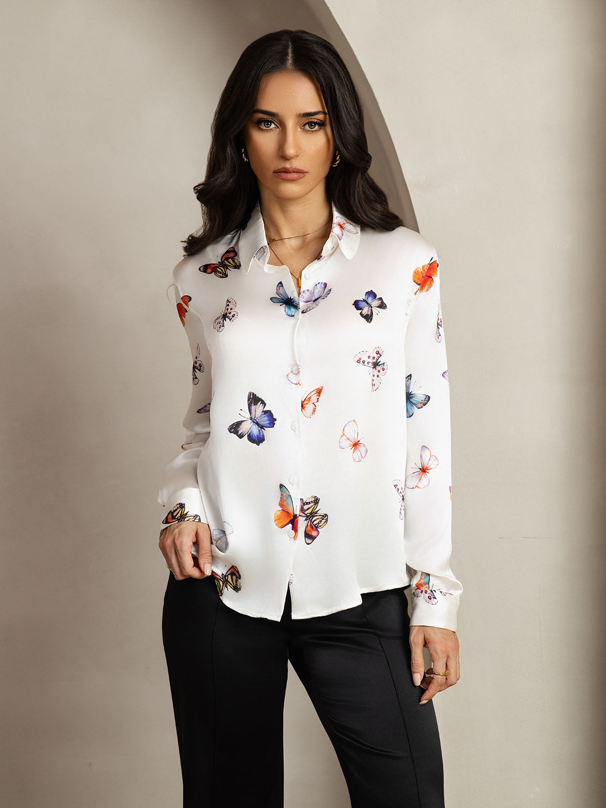 19Momme Silk Butterfly Print Long Sleeve Lapel Collar Women's Shirt