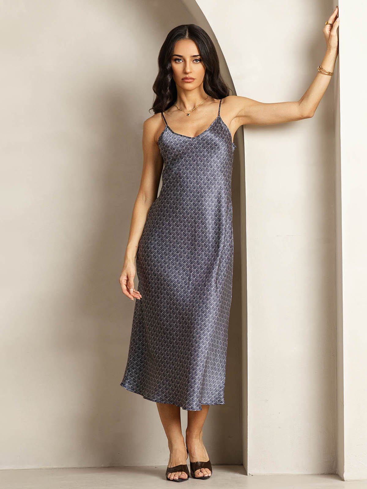 19Momme Silk Navy Ginkgo Print V Neck Adjustable Strap Midi Dress