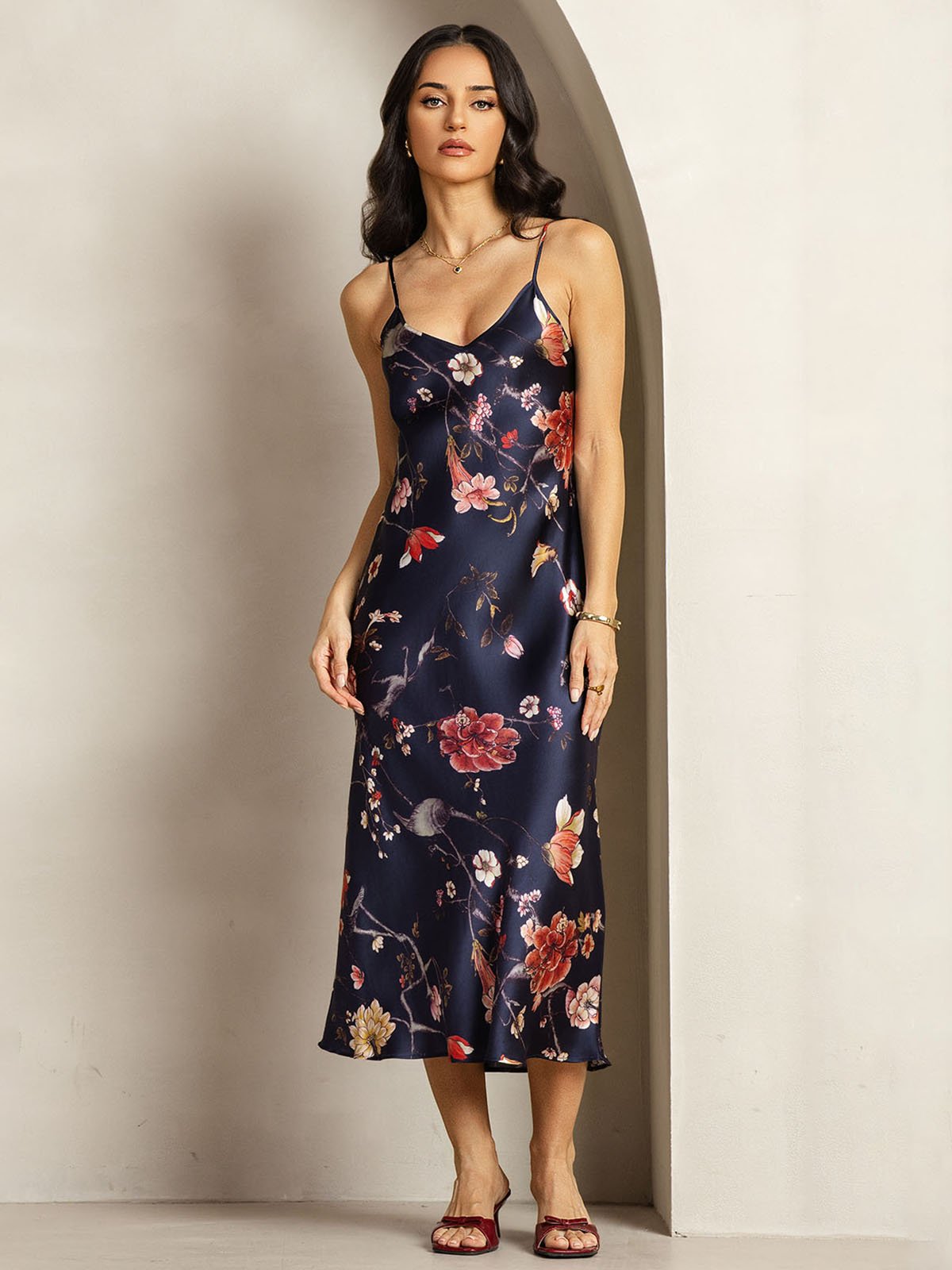 19Momme Silk Navy Floral Print V Neck Adjustable Strap Midi Dress