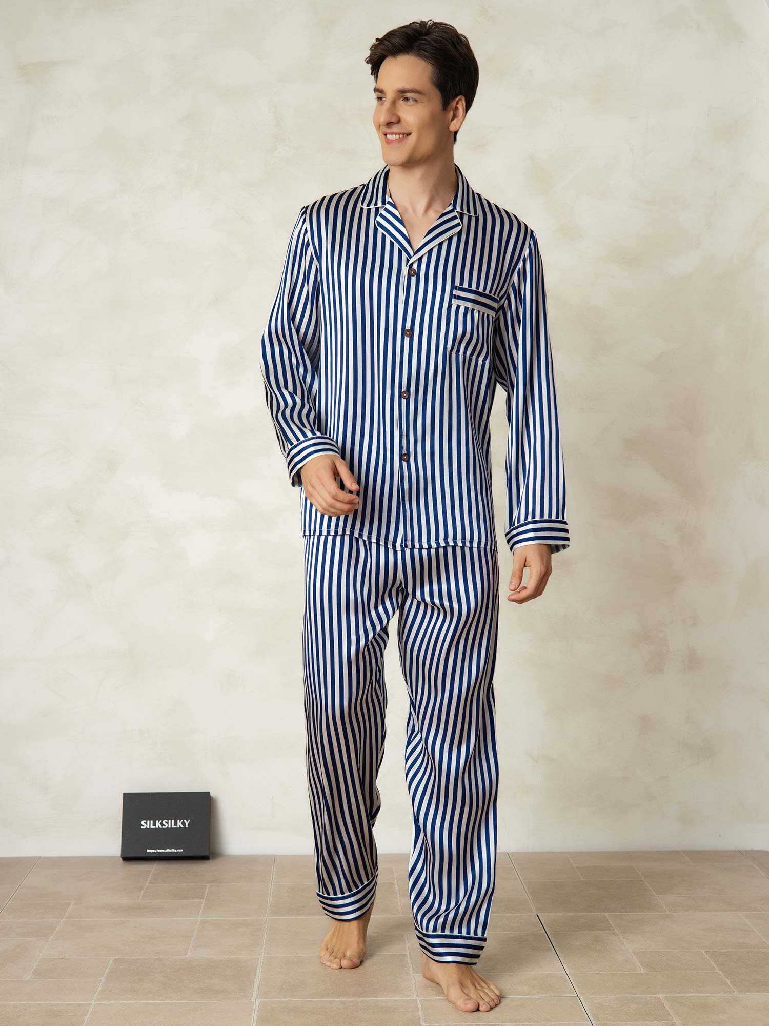 Men's Pure Silk Stripe Print Long Sleeve Notch Collar Pajamas Set