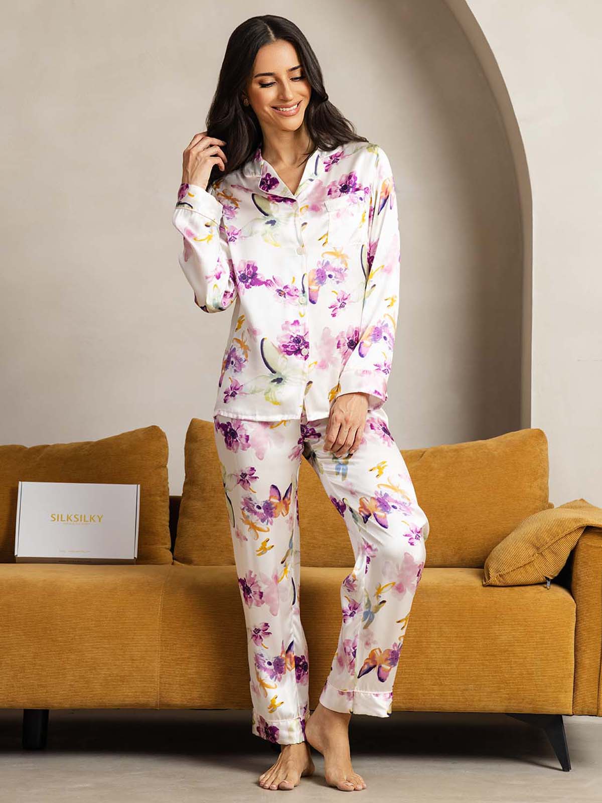 Women's Pure Silk Watercolor Floral Print Long Sleeve Notch Collar Pajamas Set