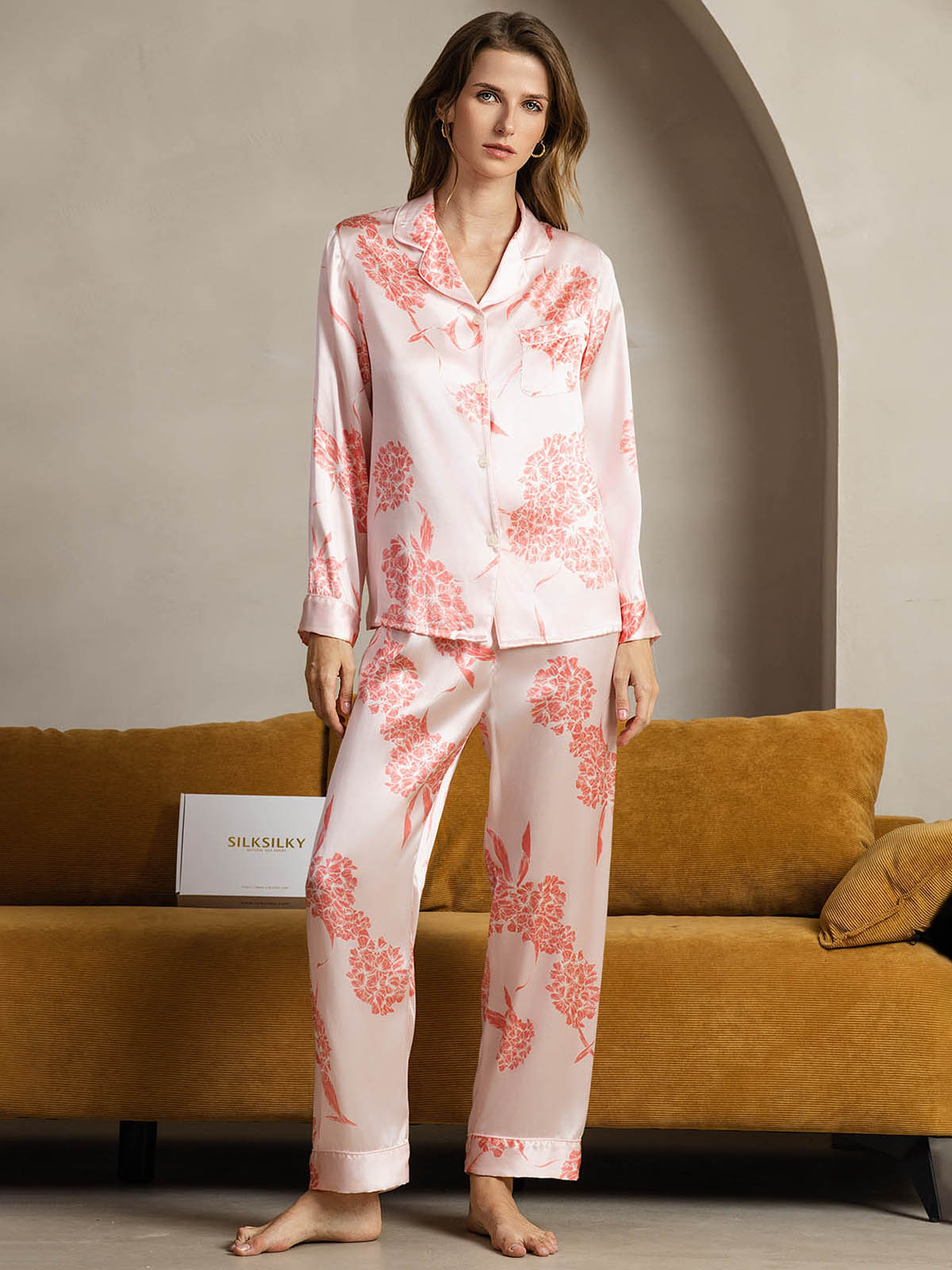 Pure Silk Coral Floral Print Long Sleeve Notch Collar Women's Pajamas Set