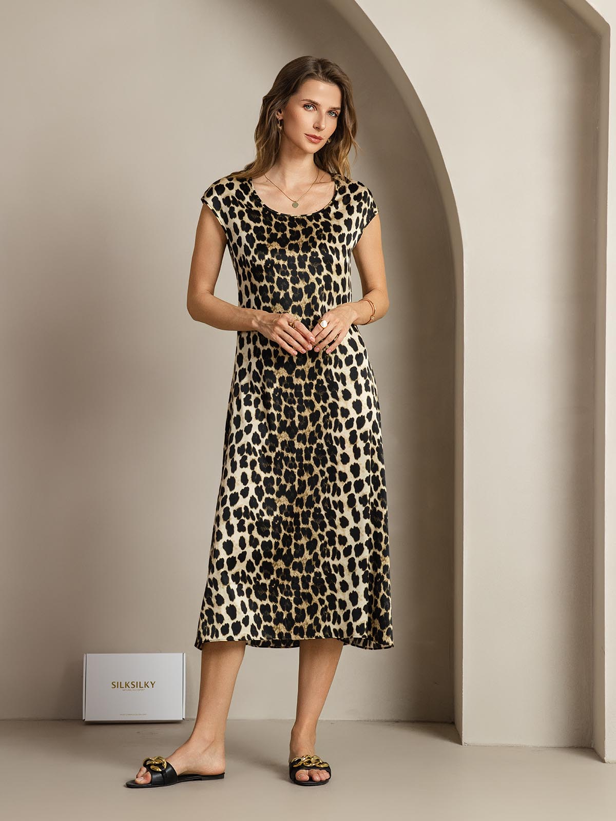 19Momme Silk Leopard Print Cap Sleeve Midi Dress