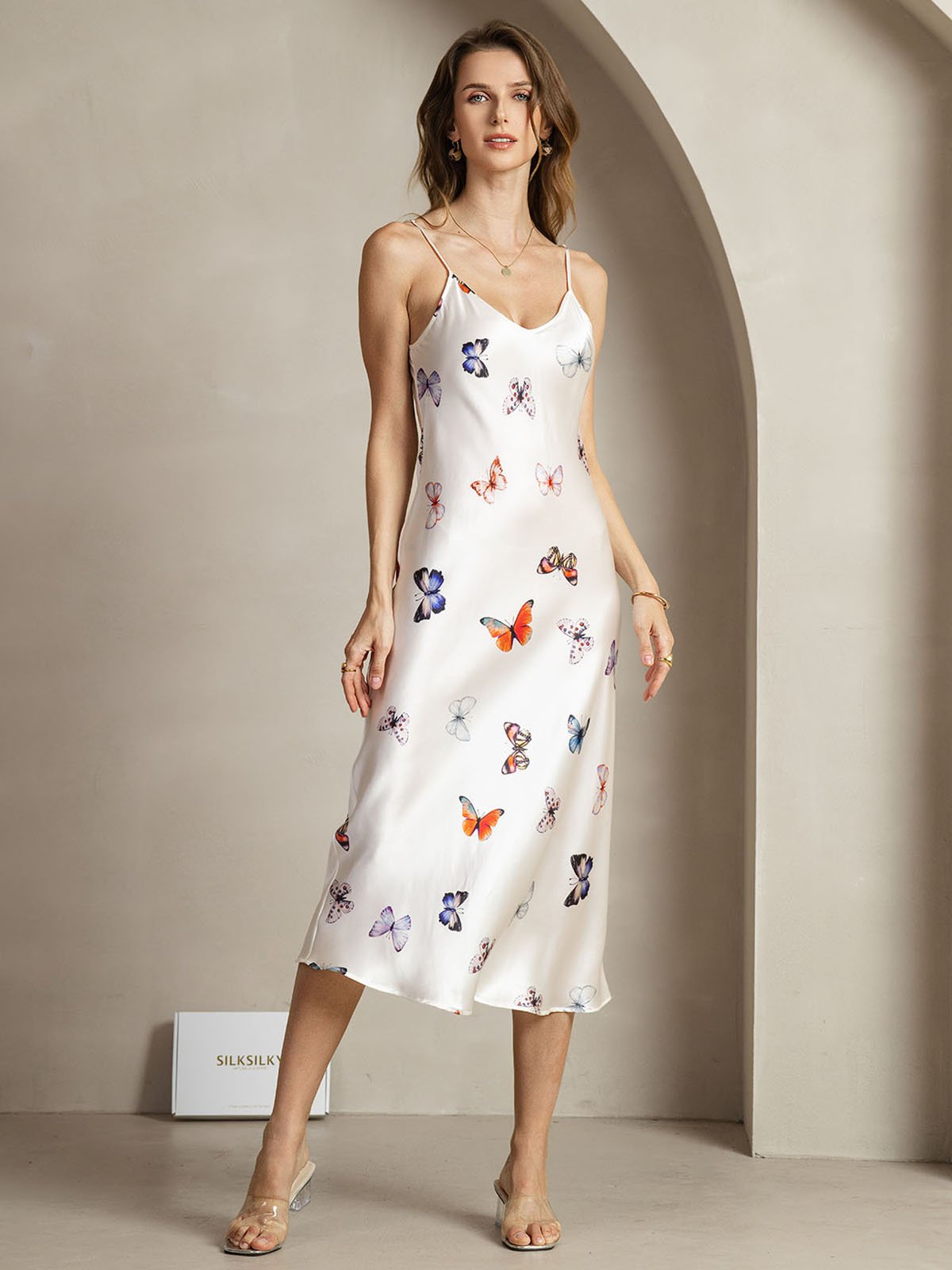 19Momme Silk White Butterfly Print V Neck Adjustable Strap Midi Dress