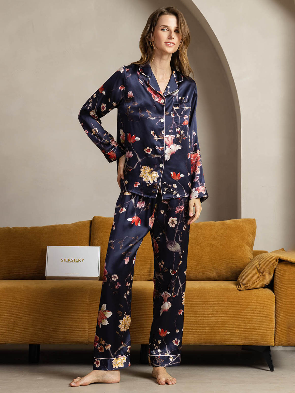 Women's Pure Silk Navy Floral Print Long Sleeve Notch Collar Button Up Pajamas Set