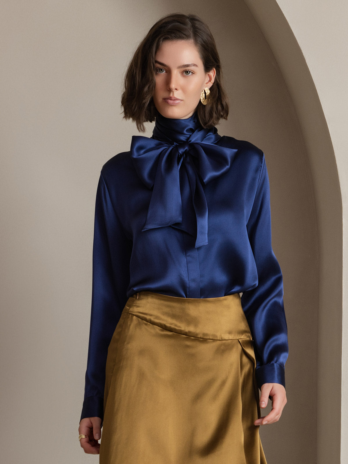 19Momme Silk Long Sleeve High Neck Bow Tie Blouse