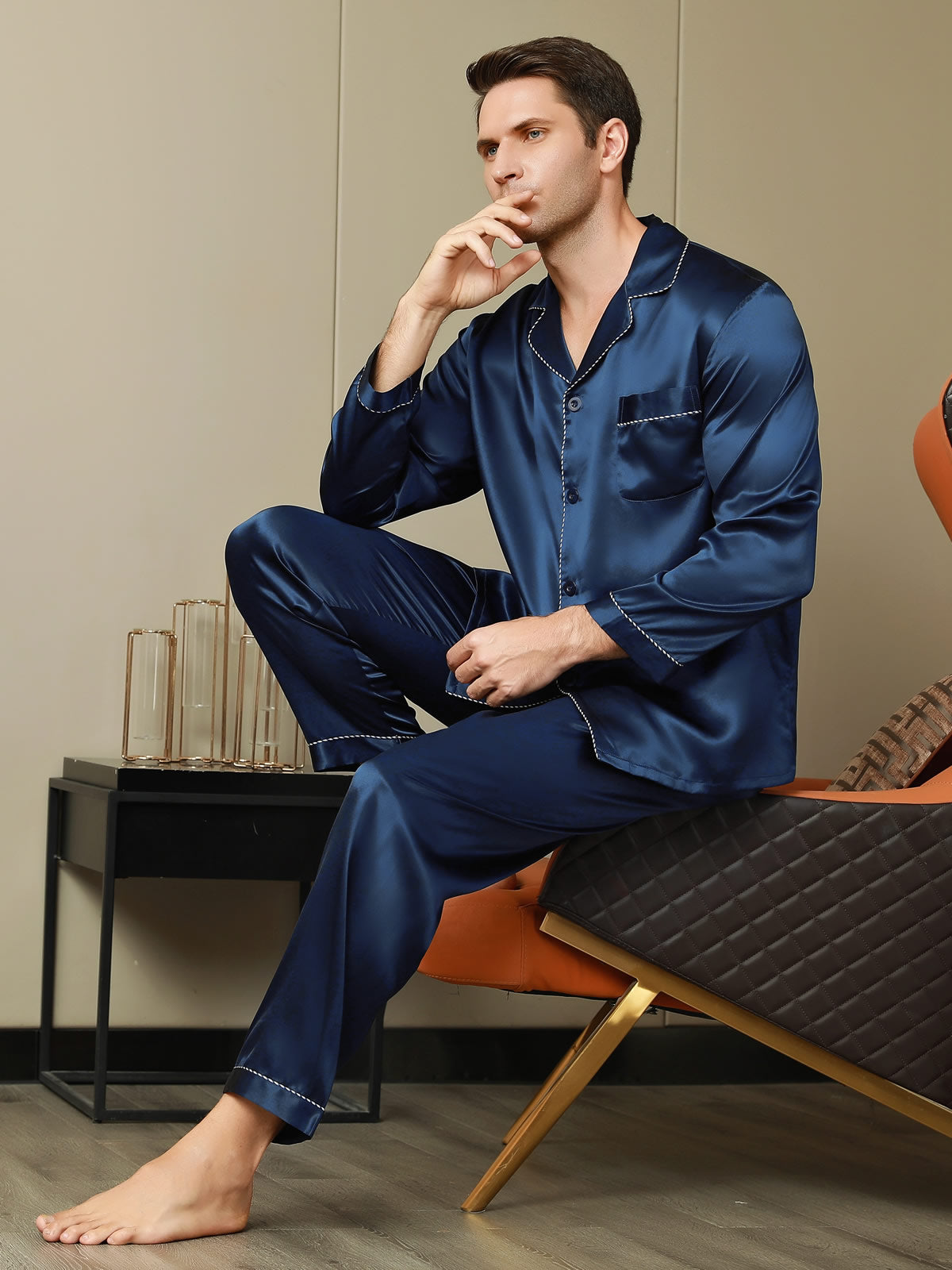 Clearance - Luxurious Silk Men‘s Contrast Trim Pajamas