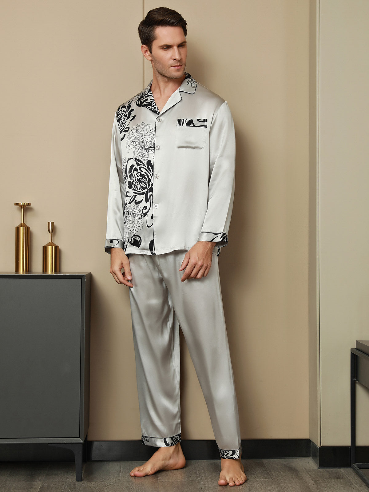 Pure Silk Floral Print Long Sleeve Notch Collar Men's Pajamas Set With Pants