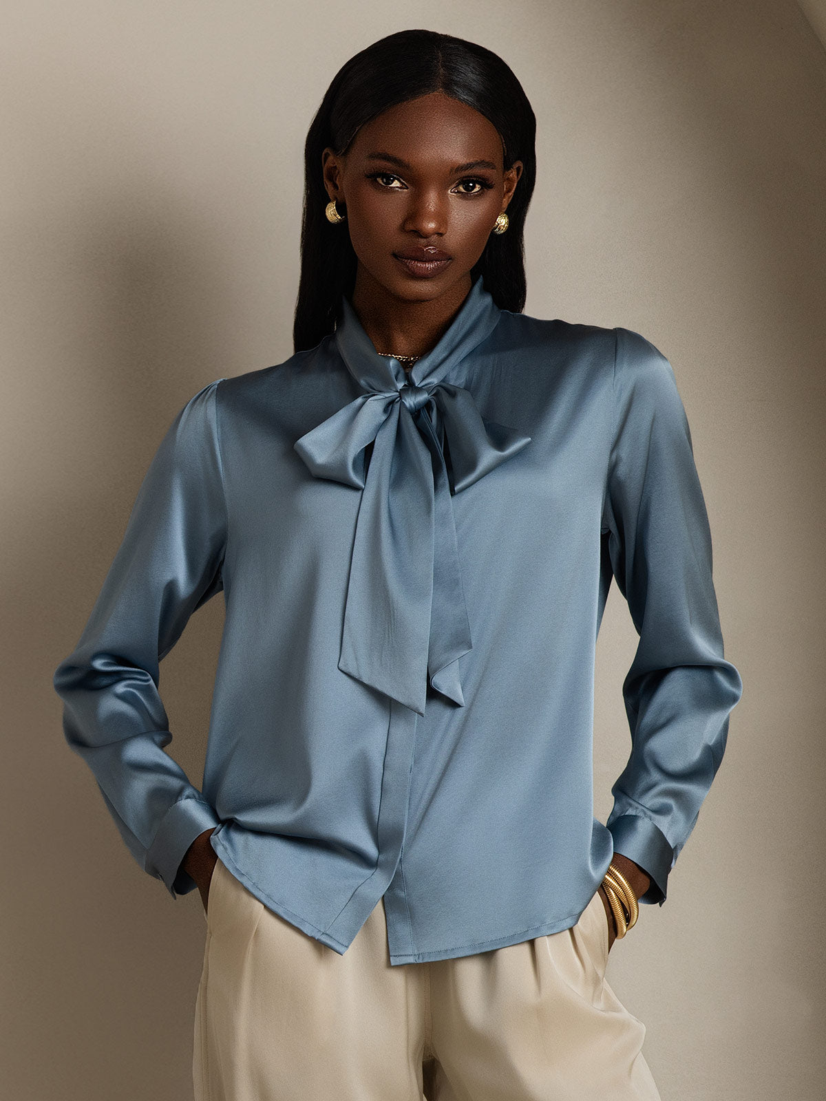 19Momme Silk Long Sleeve Tie Neck Blouse