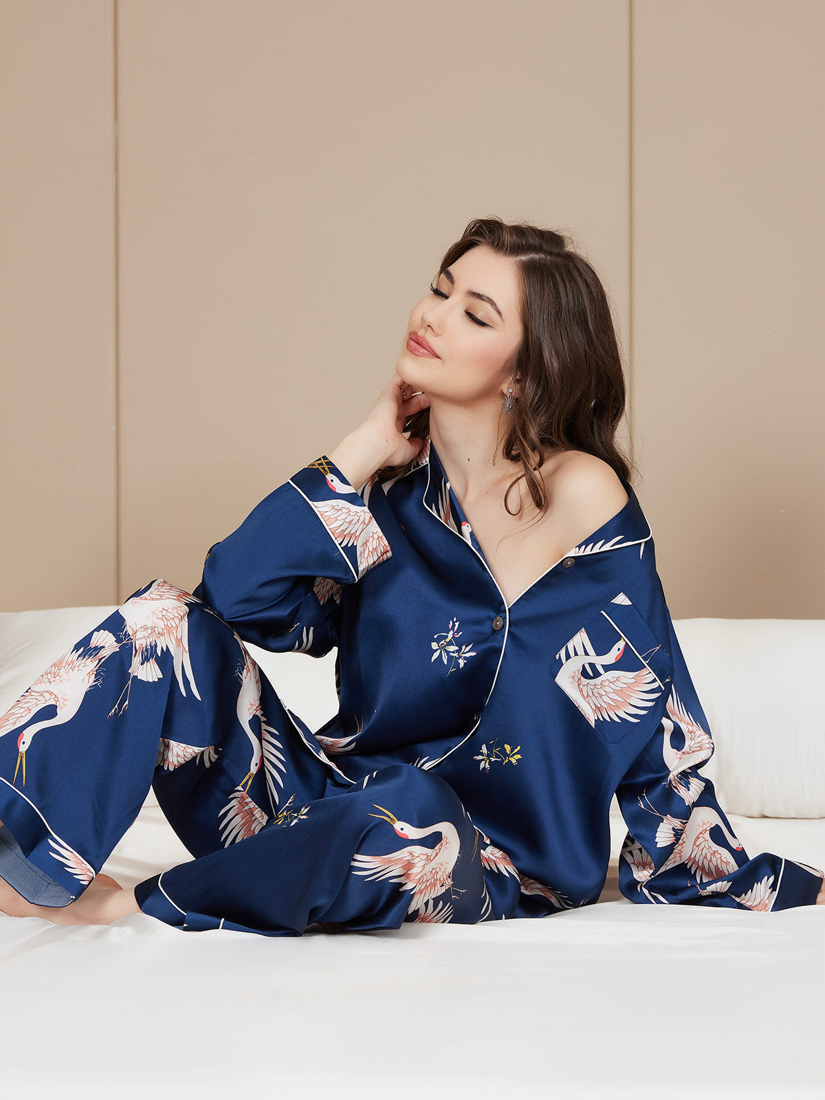 US Warehouse - 19Momme Women's Pure Silk Crane Print Long Sleeve Pajamas Set