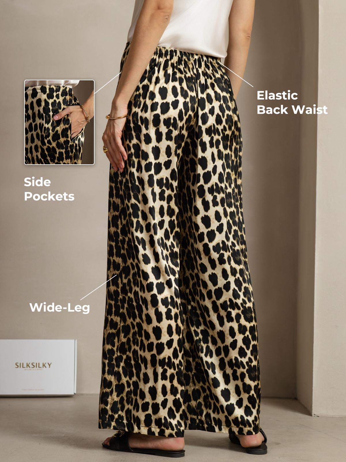 19Momme Silk Leopard Print Wide Leg Women's Pants With Side Pockets Design