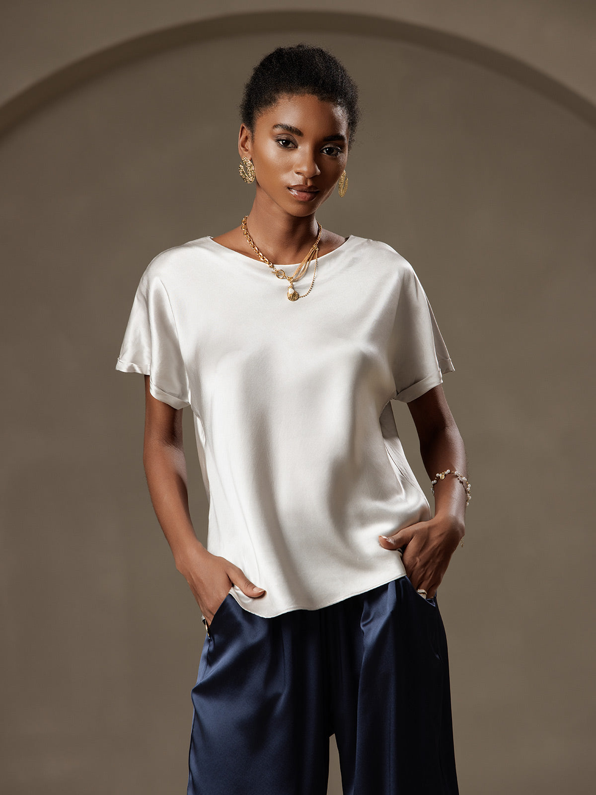 19Momme Silk Short Sleeve Boat Neck Women's T-Shirt