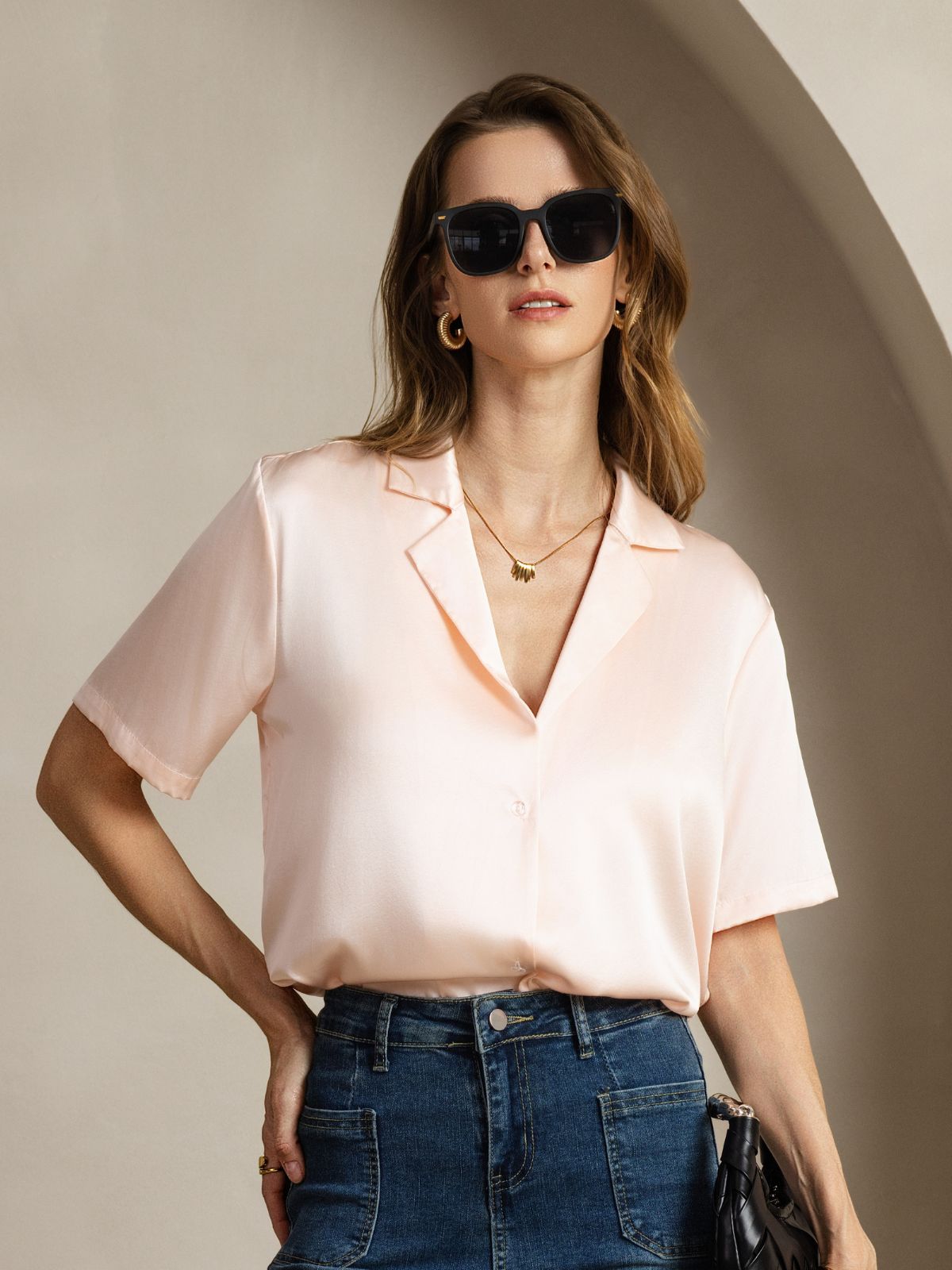 19Momme Silk Short Sleeve Notched Lapel Women's Shirt with Button Up Design