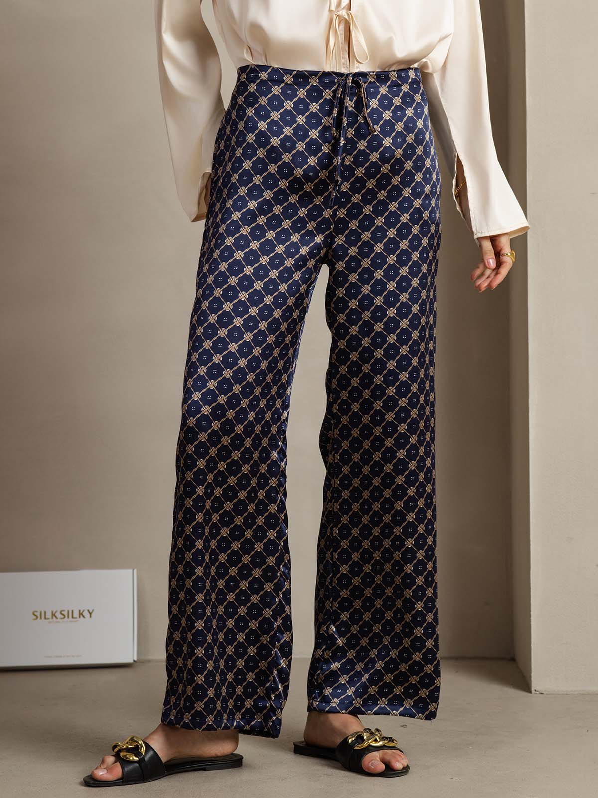 19Momme Silk Navy Chain Print Wide Leg Women's Pants With Side Pockets Design
