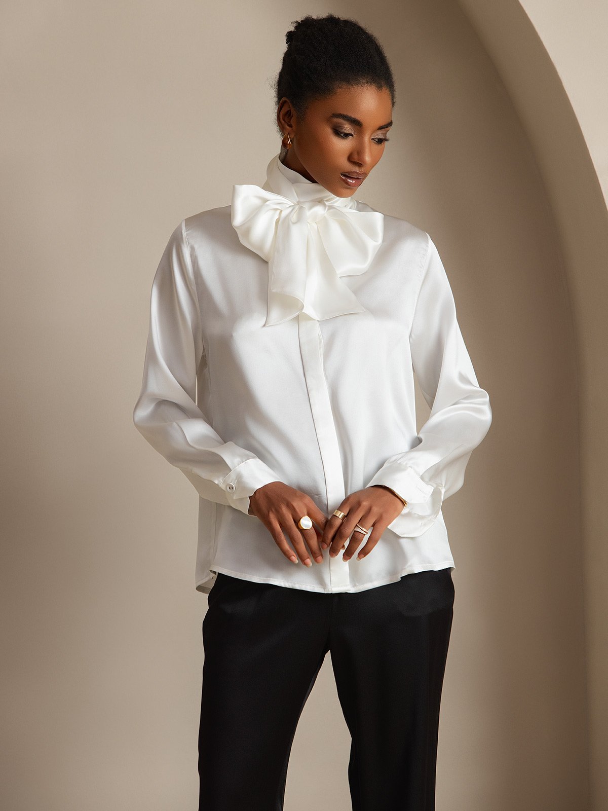 19Momme Silk Long Sleeve High Neck Bow Tie Blouse