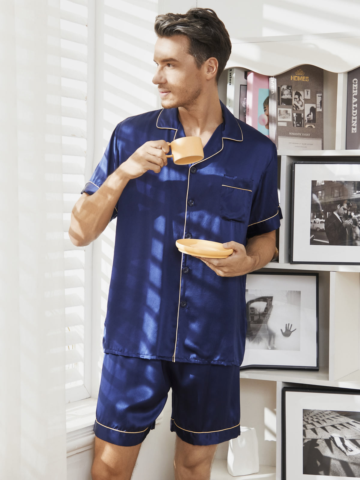 Pure Silk Short Sleeve Notch Collar Men's Pajamas Set with Shorts