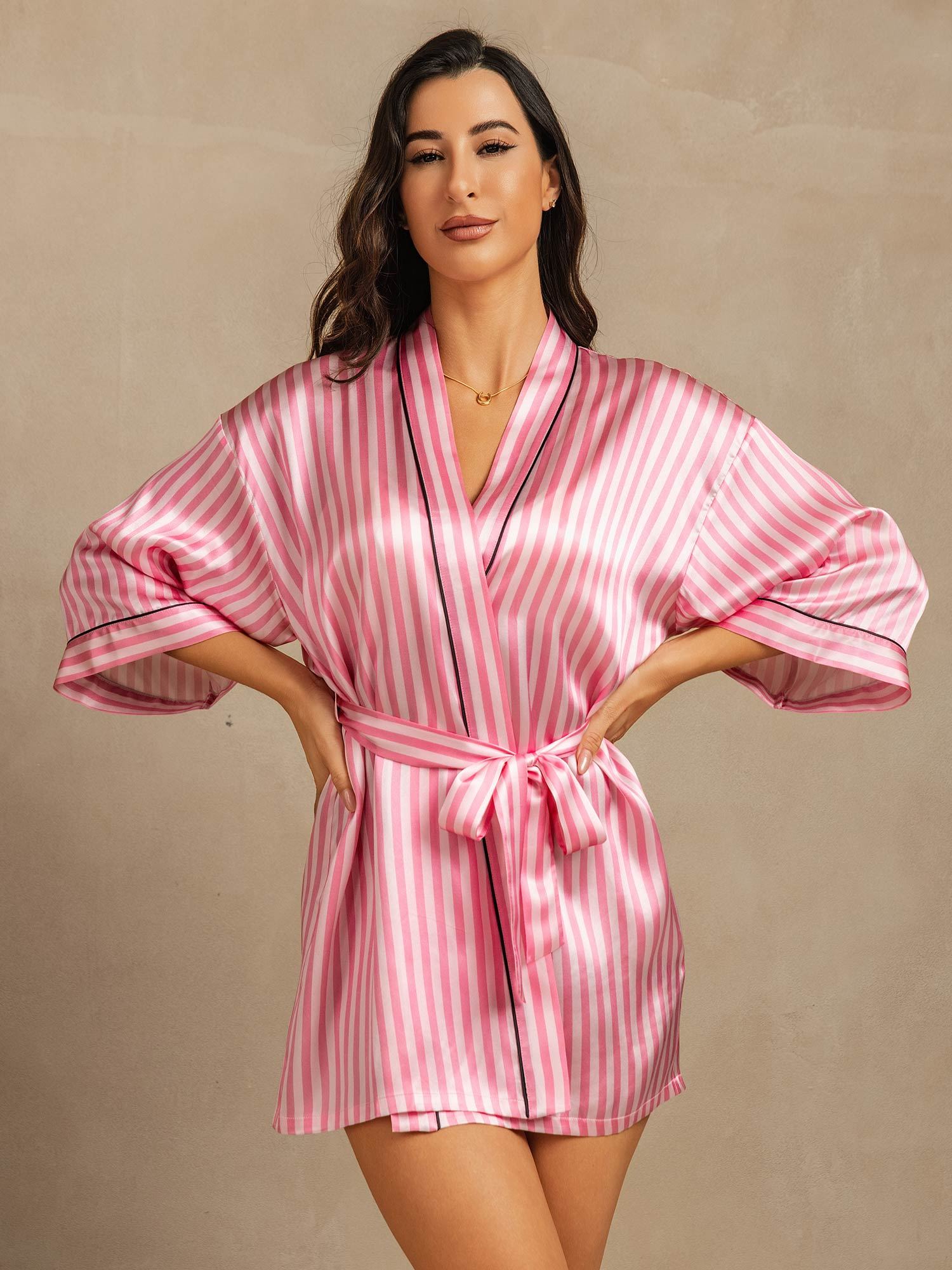 Clearance - Pure Silk Stripe Printed Women's Belted Short Kimono Robe