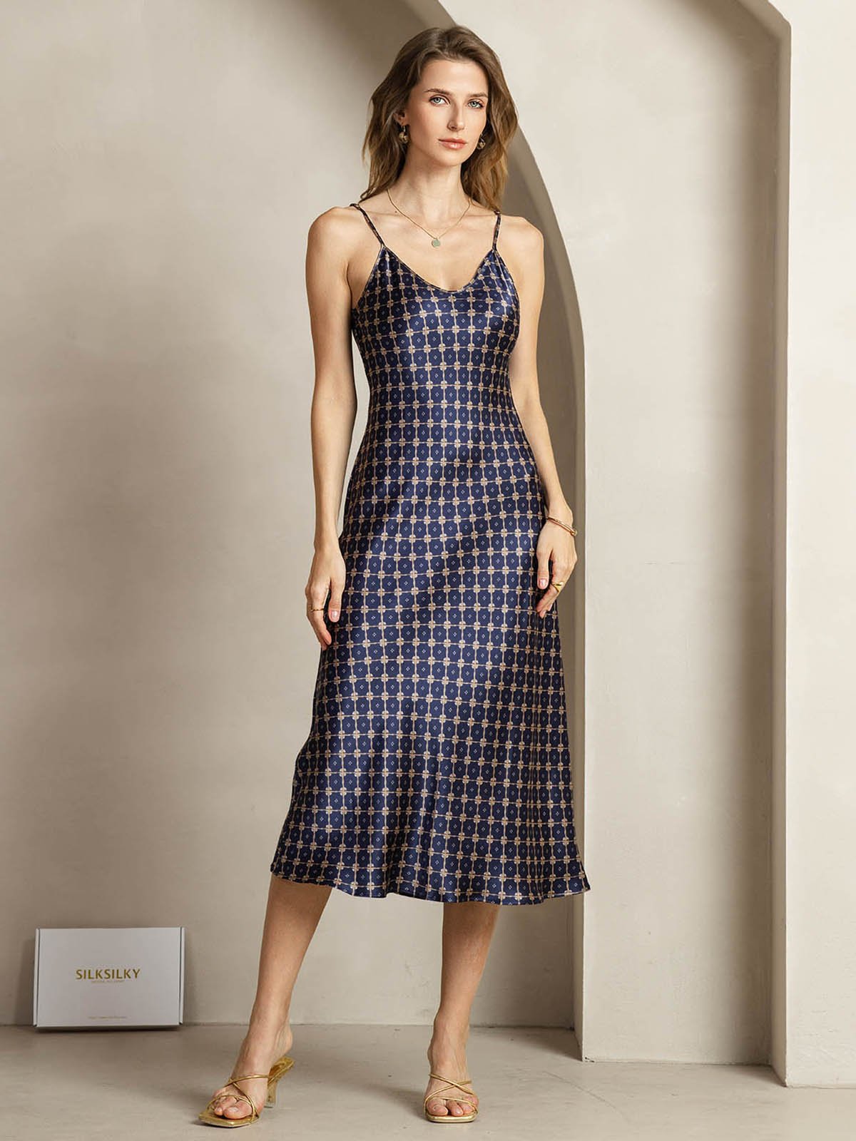 19Momme Silk Navy Chain Print V Neck Adjustable Strap Midi Dress